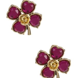Betsey Johnson Rare Gold Tone Fuchsia Four Leaf Heart Clover Stud Earrings